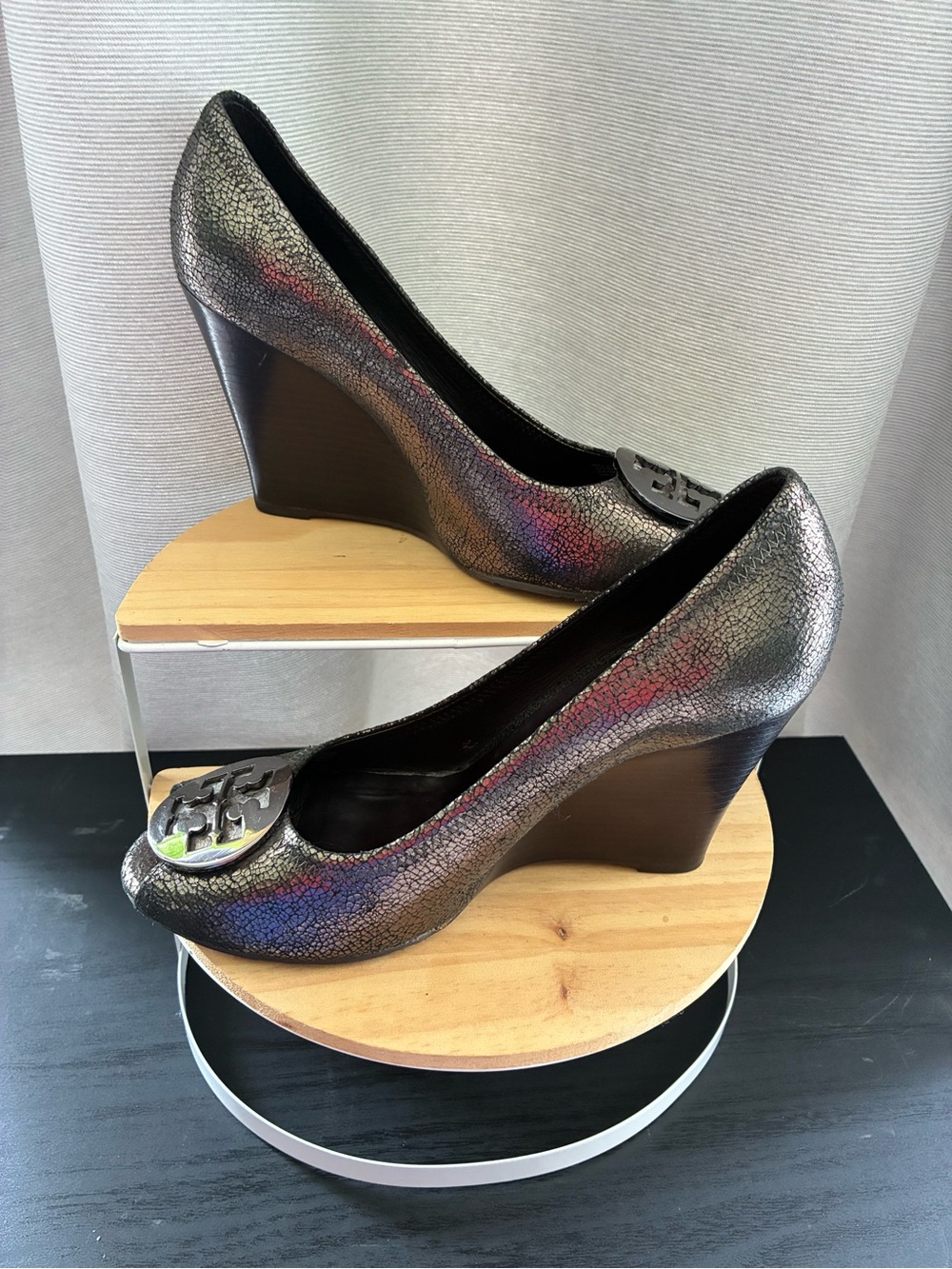 Tory Burch Iridescent Crackle Wedge Pumps with Logo Medallion metallic color